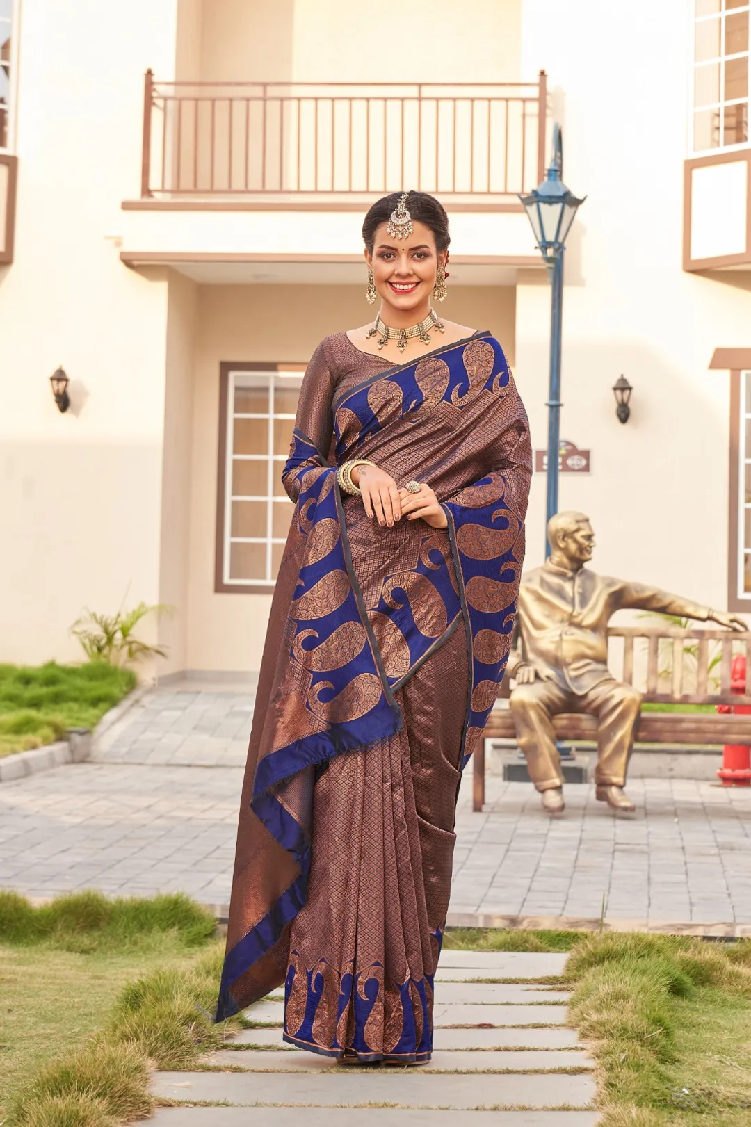 Royal Brown Blue Banarasi Silk Saree with Zari Design