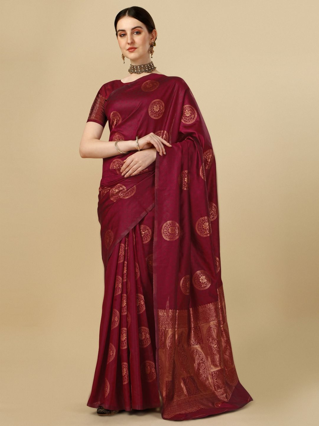 Maroon Banarasi Soft Silk Saree with Classic Zari Motifs