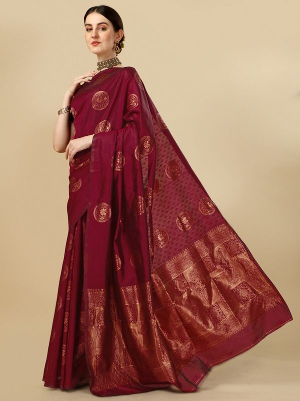 Maroon Banarasi Soft Silk Saree with Classic Zari Motifs