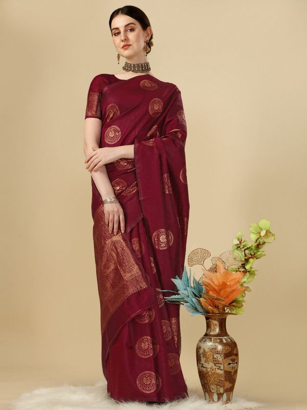 Maroon Banarasi Soft Silk Saree with Classic Zari Motifs