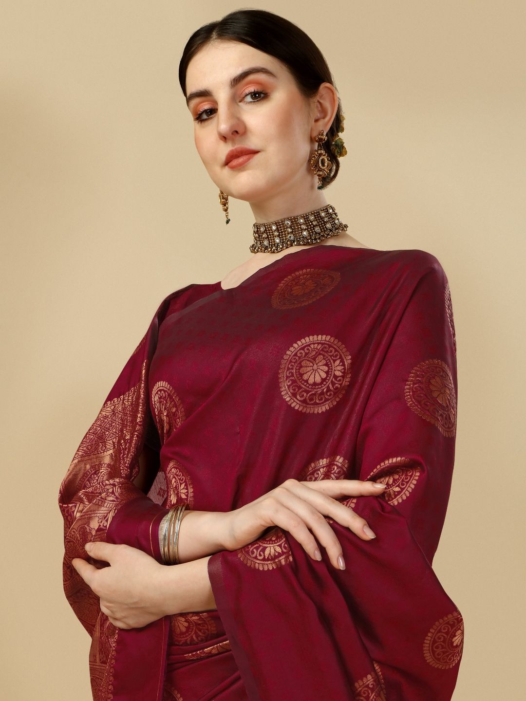 Maroon Banarasi Soft Silk Saree with Classic Zari Motifs