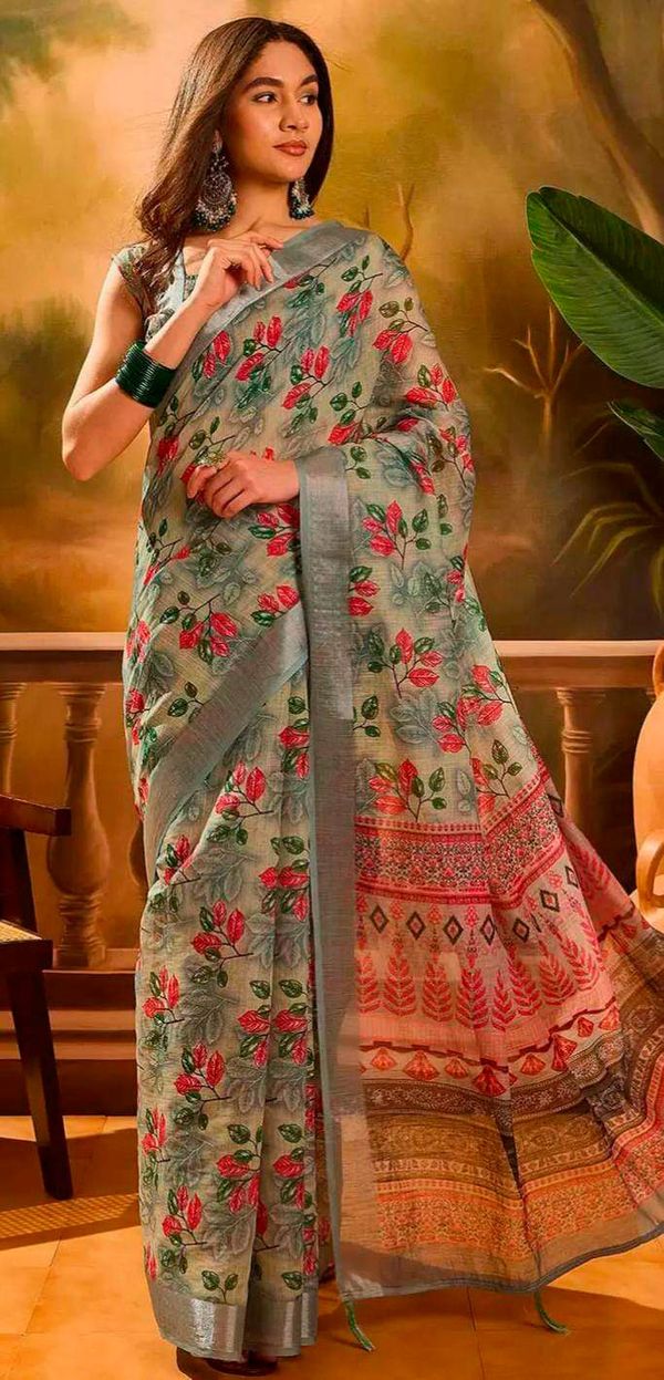 Olive Floral Linen Cotton Saree with Zari Border Style