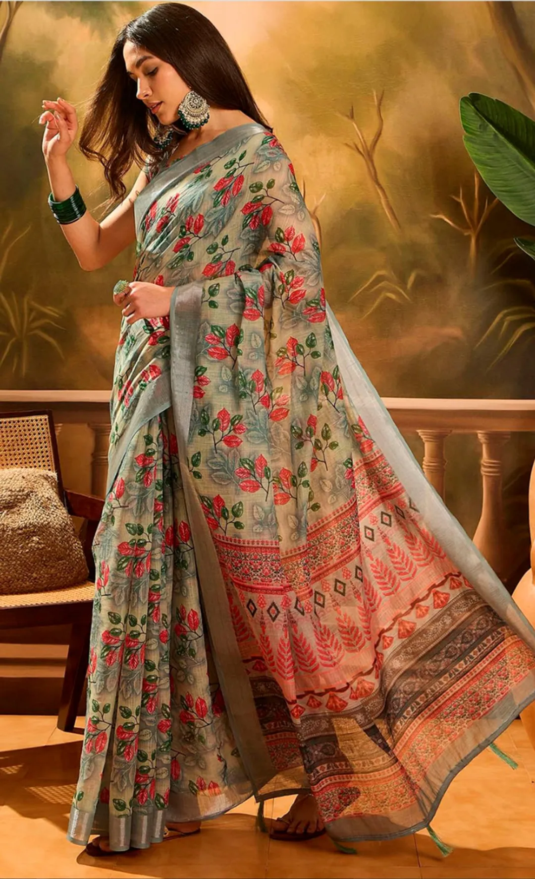 Olive Floral Linen Cotton Saree with Zari Border Style