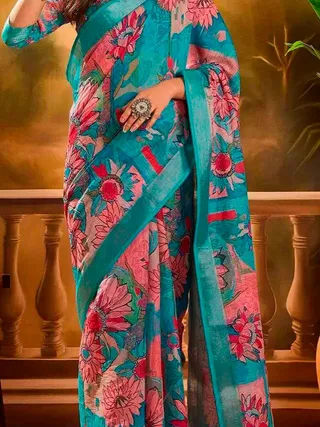 Teal Pink Floral Linen Cotton Saree with Zari Border