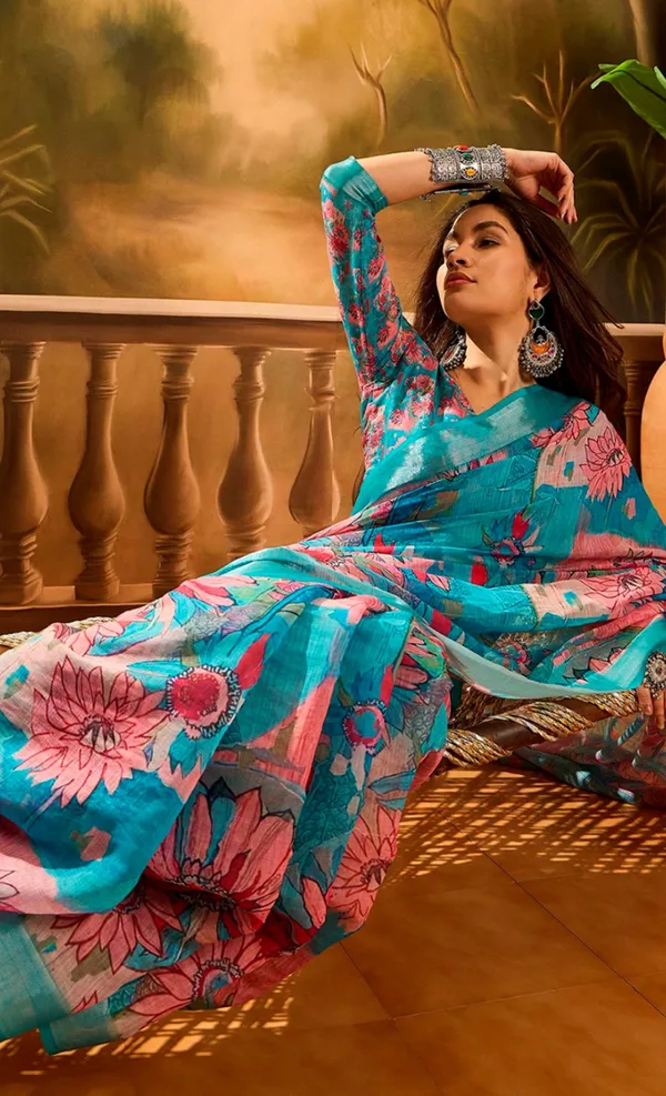 Teal Pink Floral Linen Cotton Saree with Zari Border