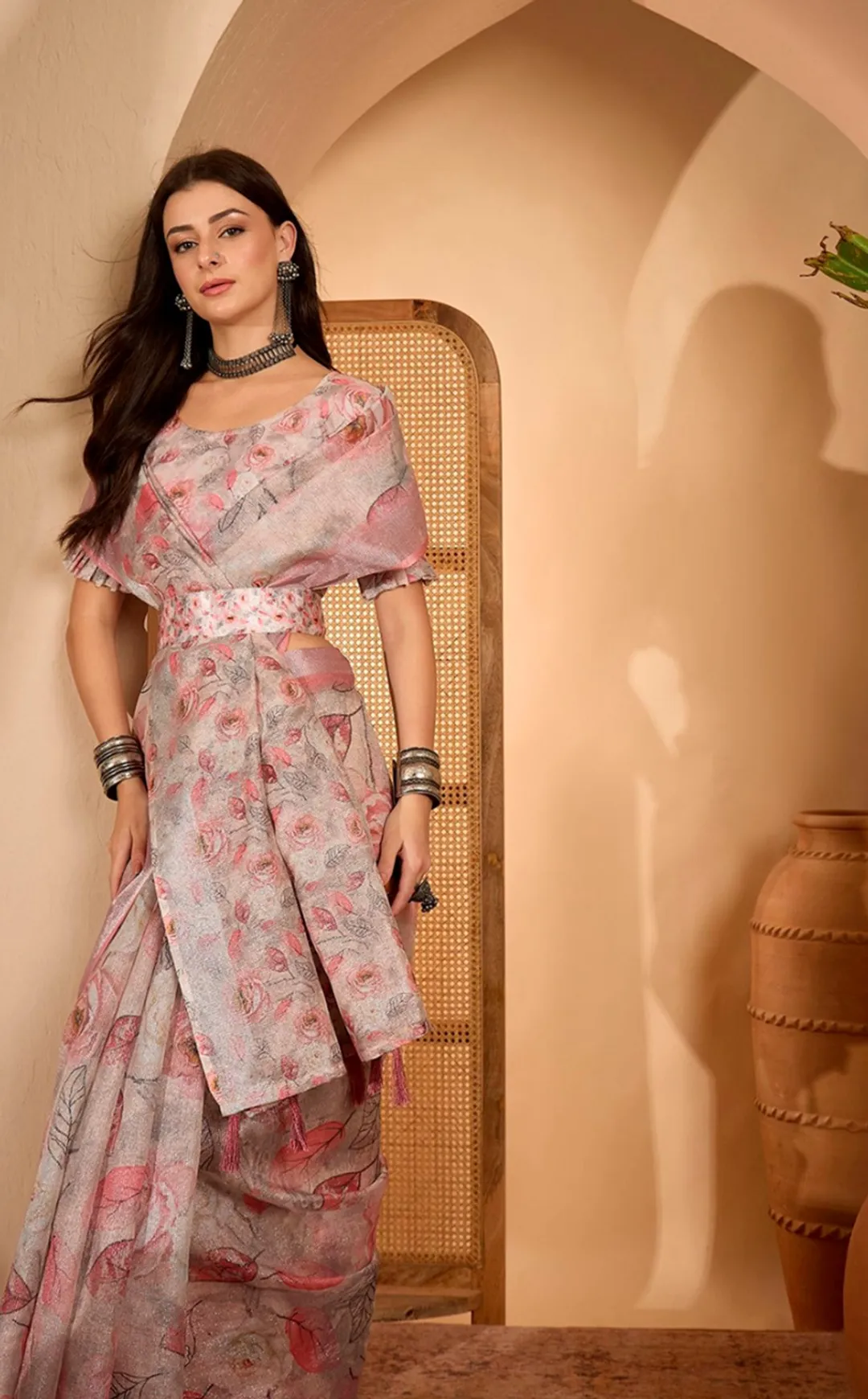 Soft Pink Floral Linen Cotton Saree with Zari Border