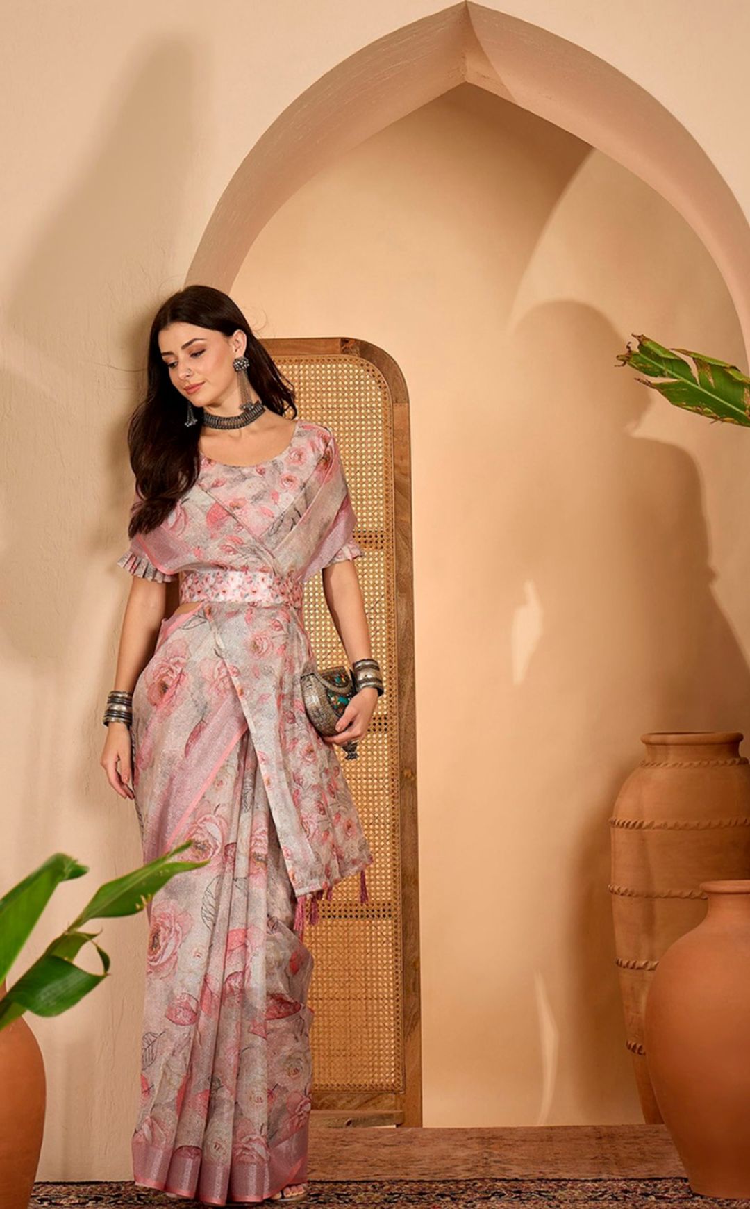 Soft Pink Floral Linen Cotton Saree with Zari Border