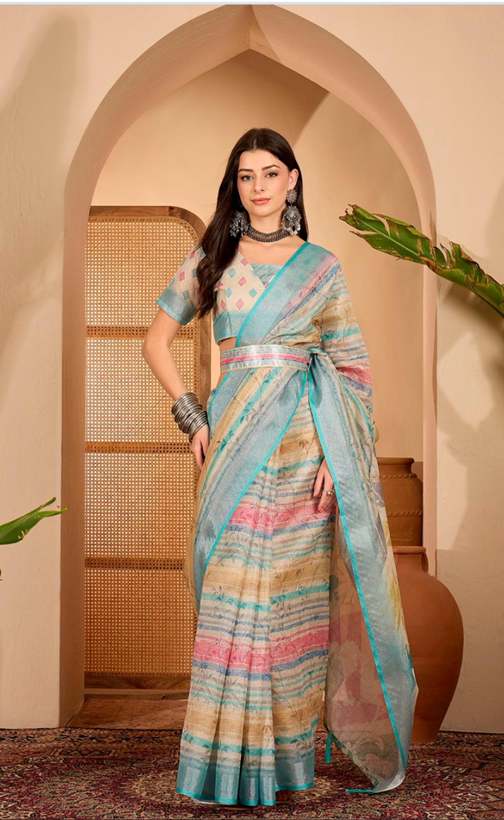 Multicolor linen saree