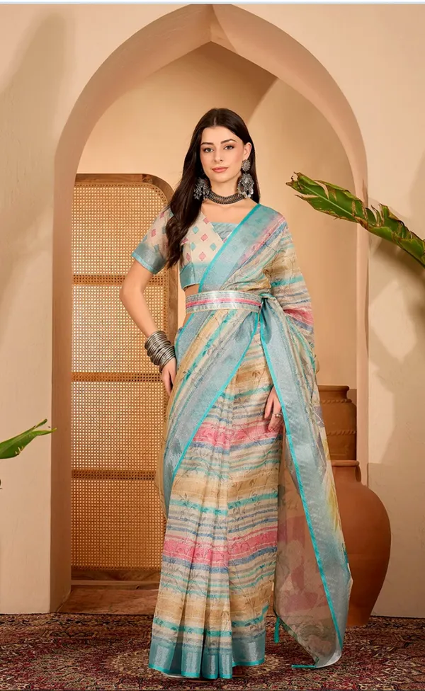 Multicolor Linen Cotton Saree with Artistic Stripe Design