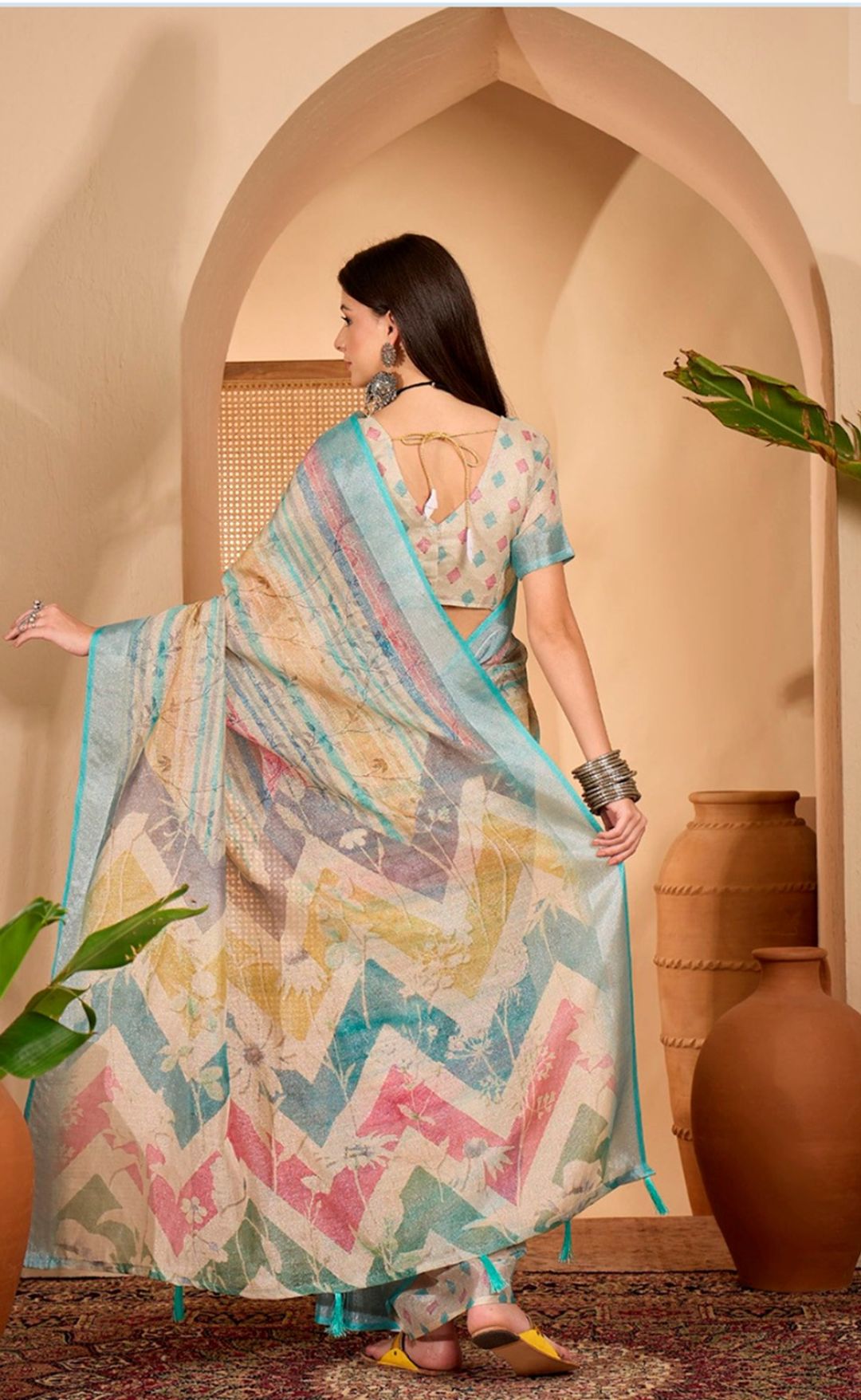 Multicolor Linen Cotton Saree with Artistic Stripe Design