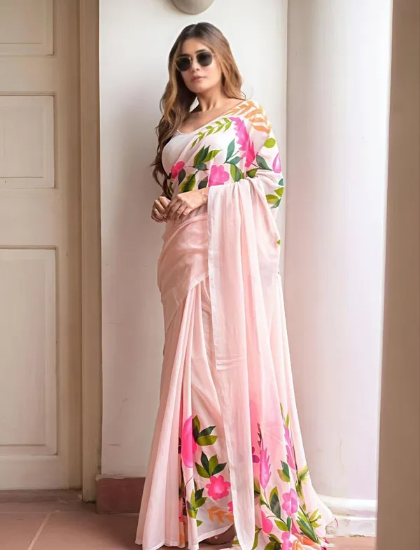 Peach Floral Linen Cotton Saree with Soft Printed Pallu