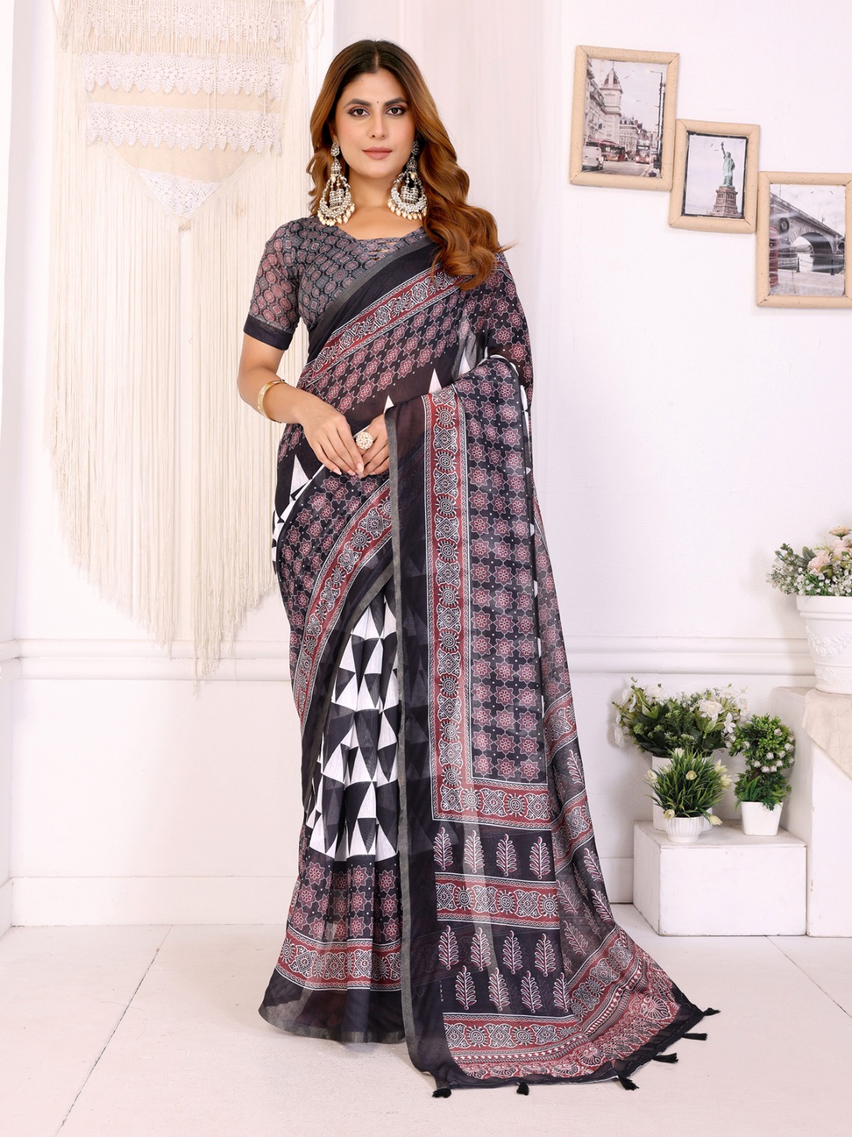 Printed black chanderi saree