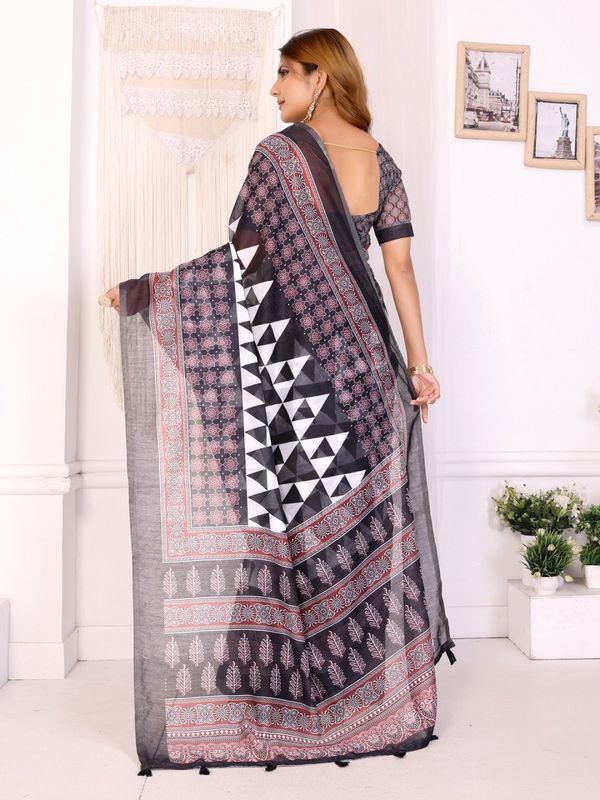 Black Maroon Chanderi Printed Saree for Women