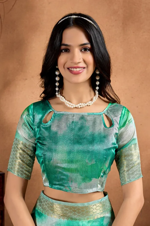 Green Soft Silk Blend Printed Saree with Zari Border
