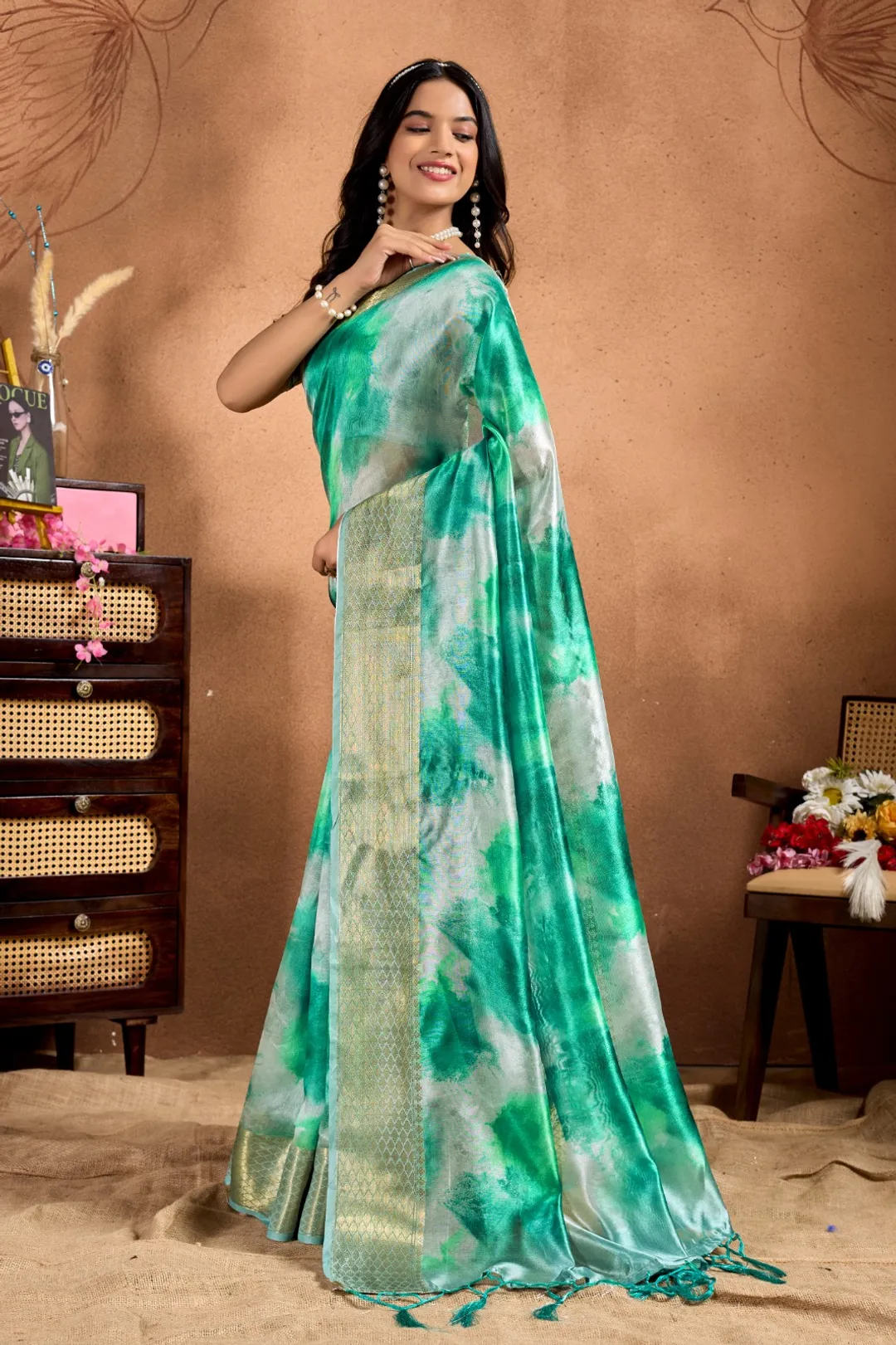 Green Soft Silk Blend Printed Saree with Zari Border