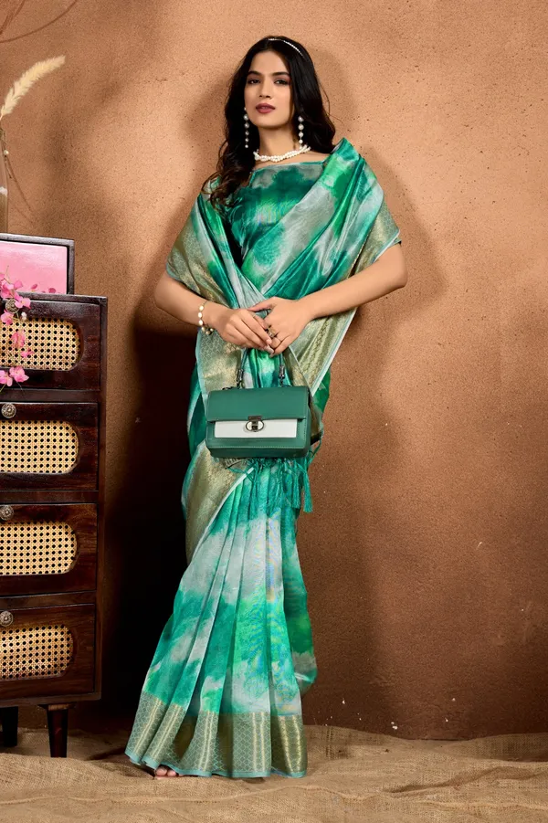 Green Soft Silk Blend Printed Saree with Zari Border