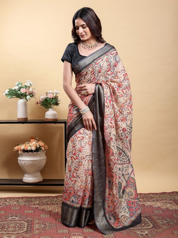 Beige Kalamkari Printed Linen Cotton Saree Online