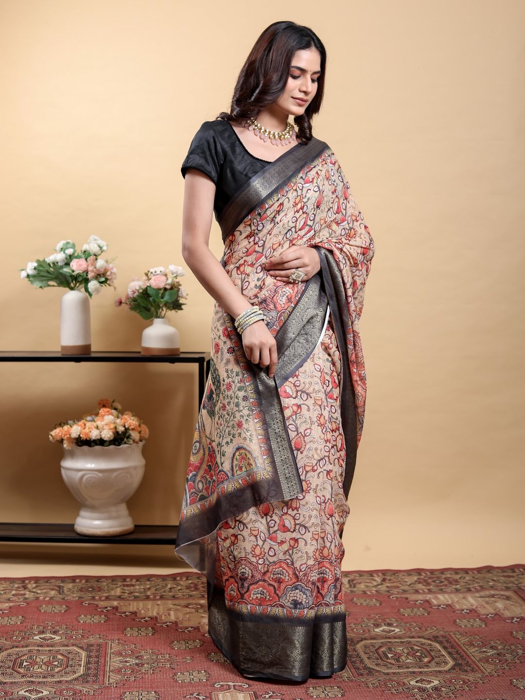 Beige Kalamkari Printed Linen Cotton Saree Online
