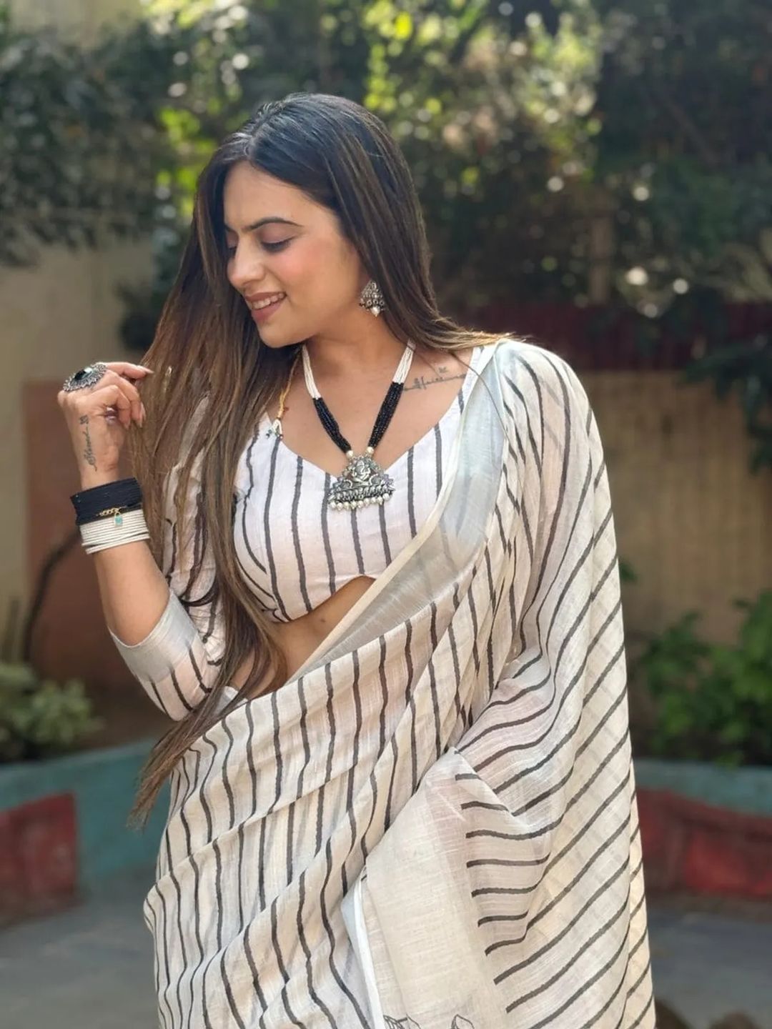 Off White Striped Linen Cotton Saree Online India