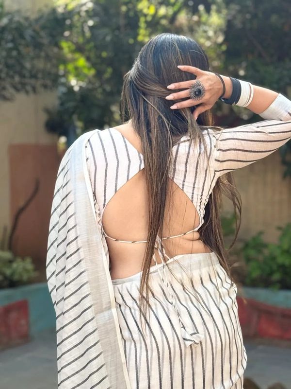 Off White Striped Linen Cotton Saree Online India