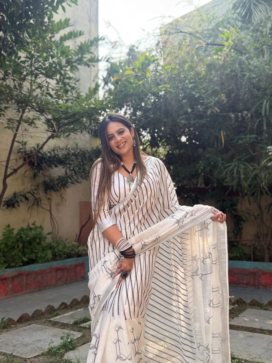 Off White Striped Linen Cotton Saree Online India