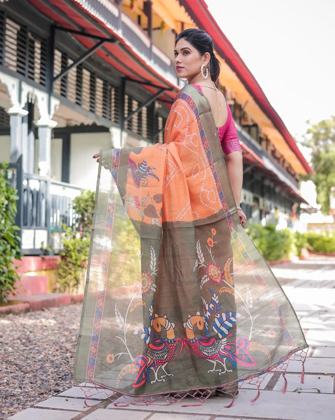 Orange Bandhani Kalamkari Linen Cotton Saree