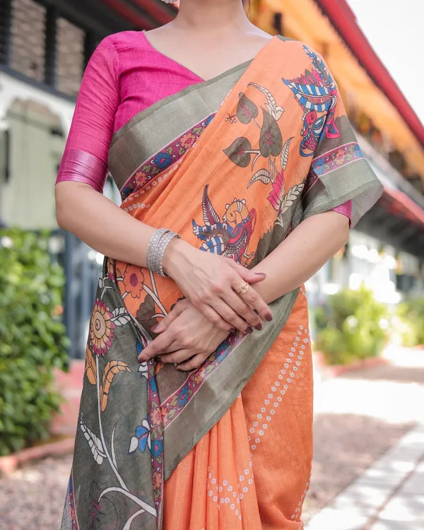 Orange Bandhani Kalamkari Linen Cotton Saree