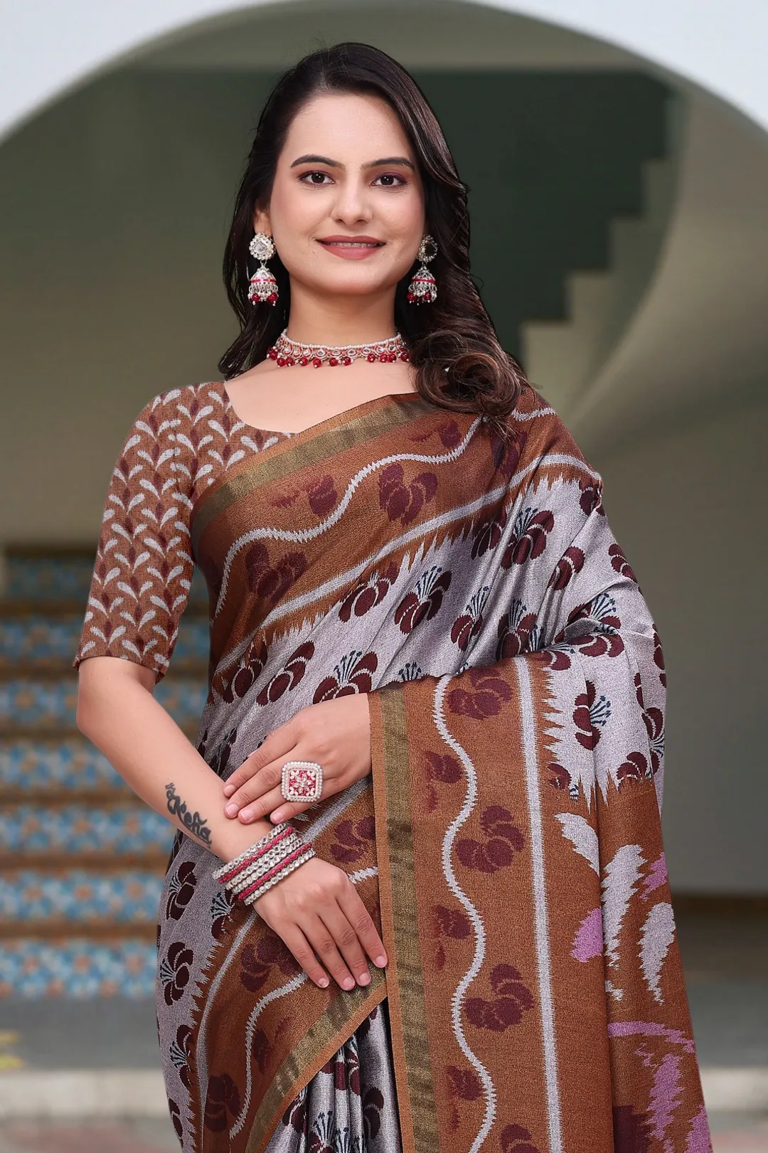 Brown Printed Mal Cotton Saree with Designer Pallu