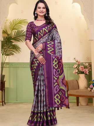 Purple Ikat Print Mal Cotton Saree with Designer Border