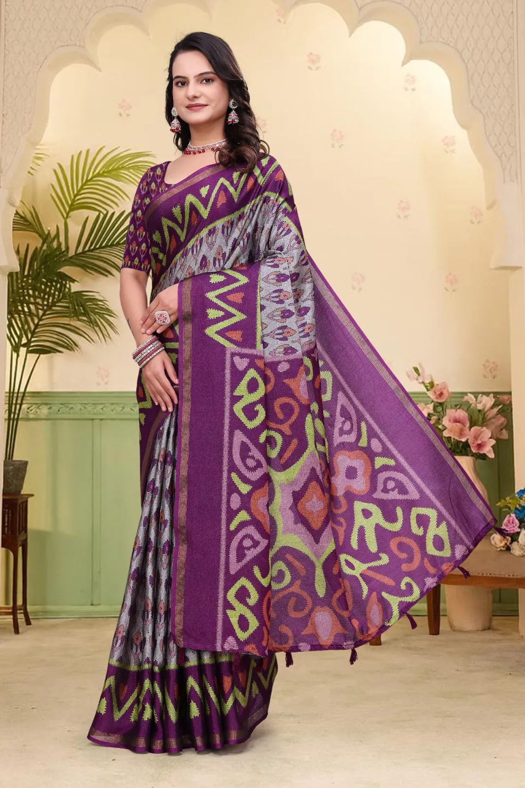 Purple Ikat Print Mal Cotton Saree with Designer Border