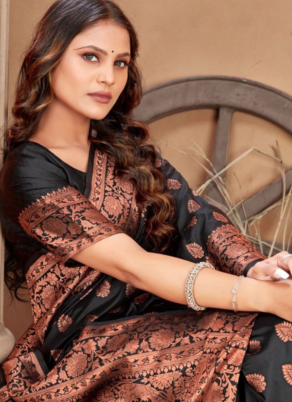 Black Copper Zari Banarasi Soft Silk Saree Online