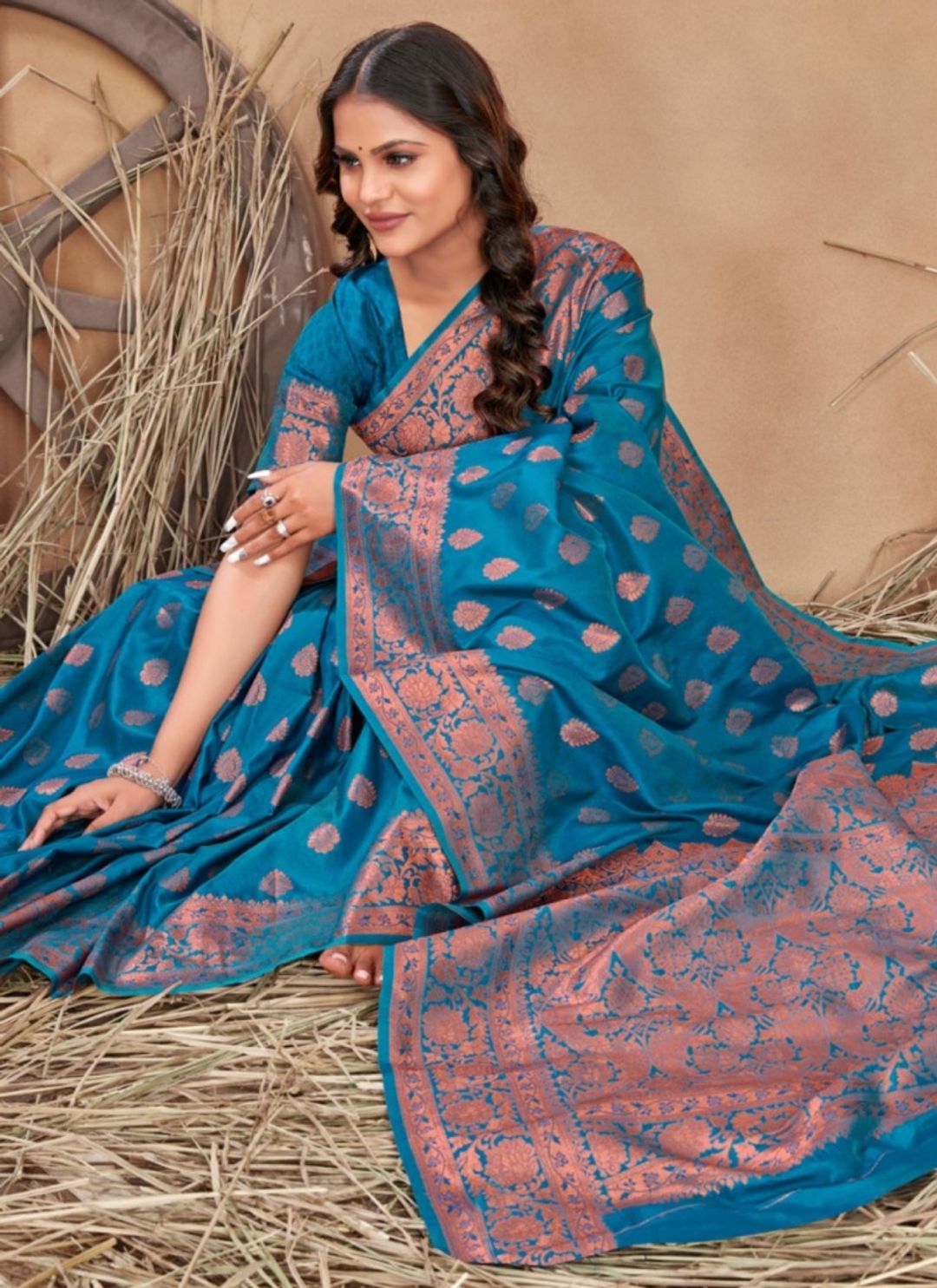 Teal Traditional Silk Saree with Copper Jacquard Border
