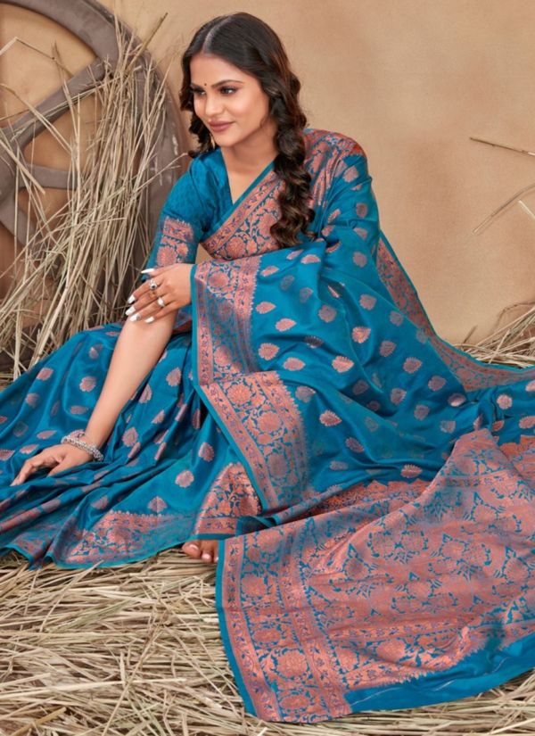 Teal Traditional Silk Saree with Copper Jacquard Border