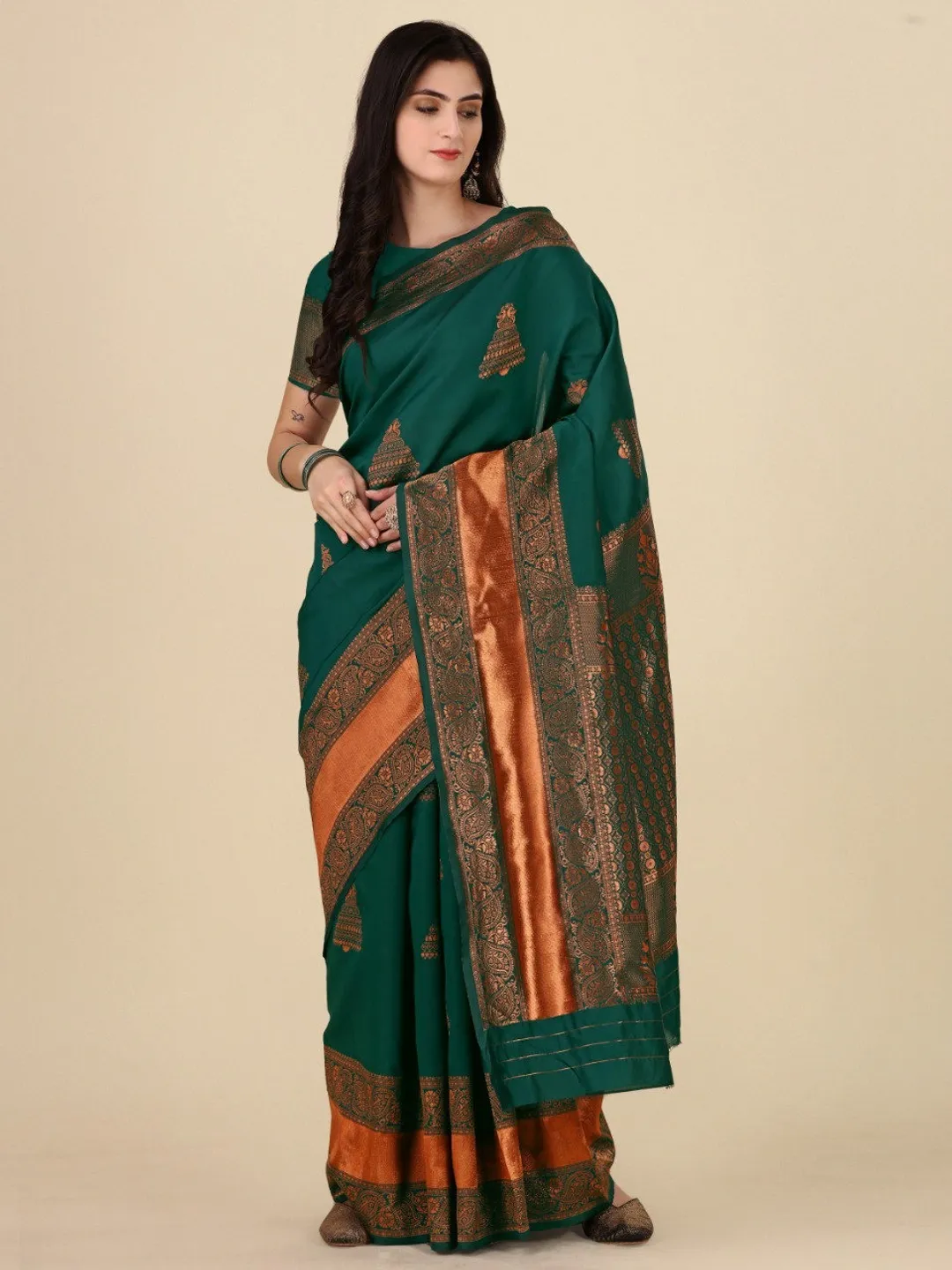 Royal Dark Green Banarasi Soft Silk Saree with Zari