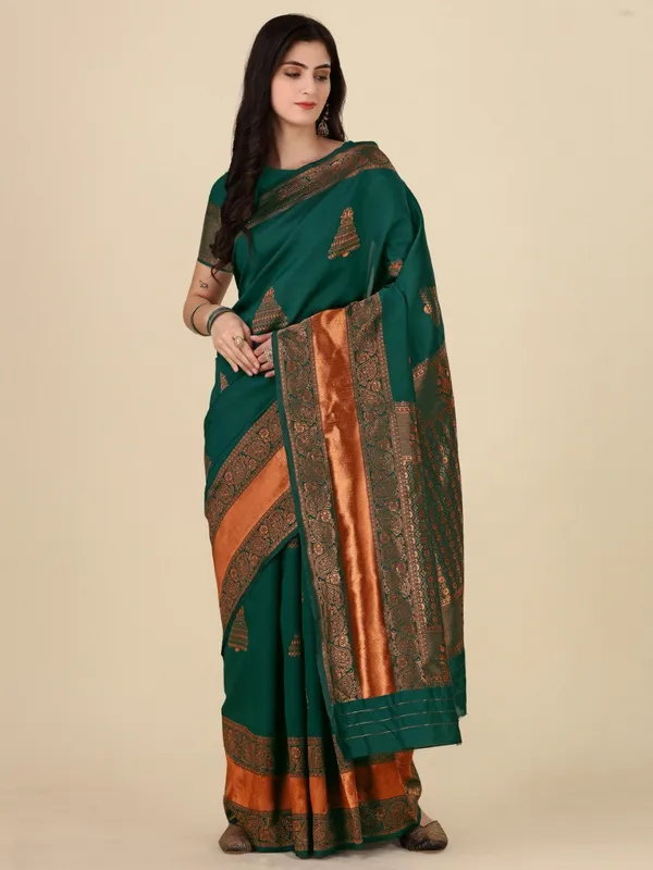 Royal Dark Green Banarasi Soft Silk Saree with Zari