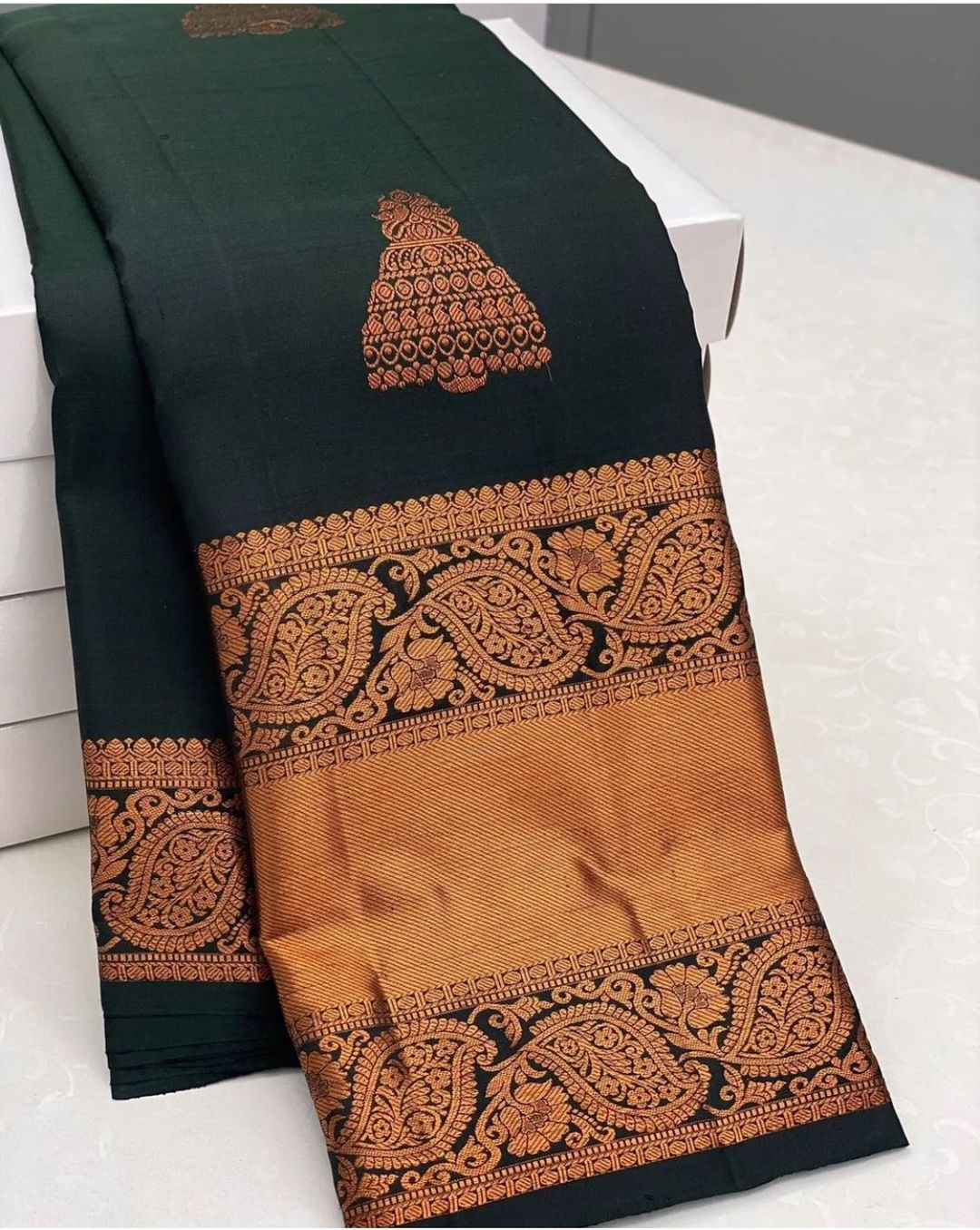 Royal Dark Green Banarasi Soft Silk Saree with Zari