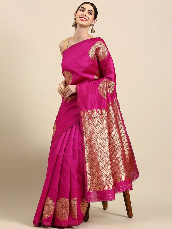 Rani Pink Soft Silk Saree with Traditional Zari Motifs
