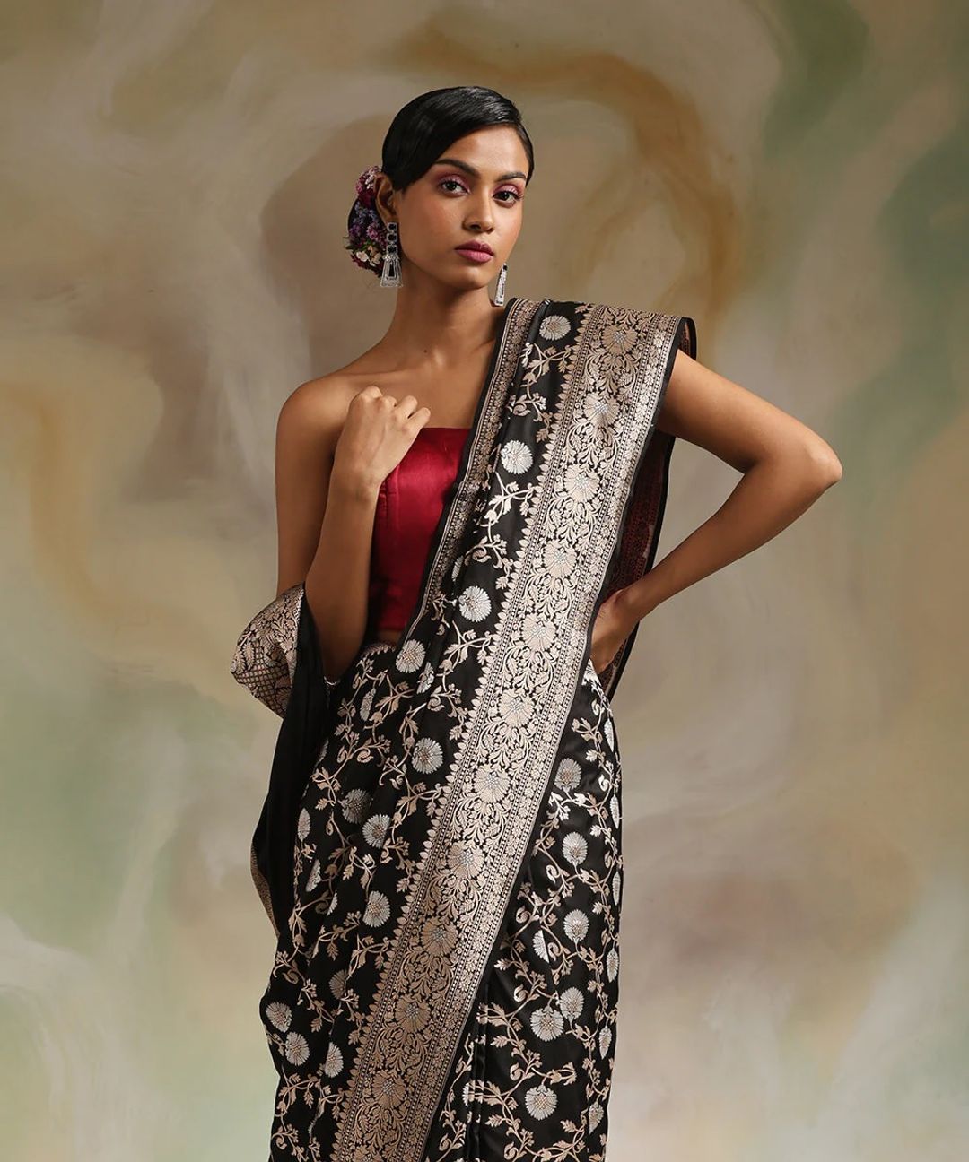 Stylish Black Banarasi Saree with Detailed Jacquard Work