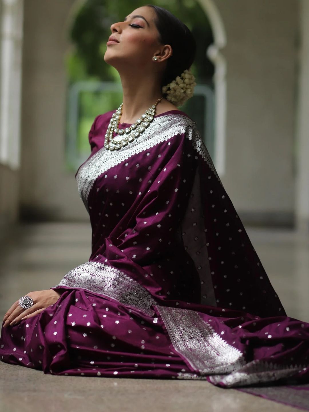 Elegant Wine Banarasi Saree with Silver Zari Border