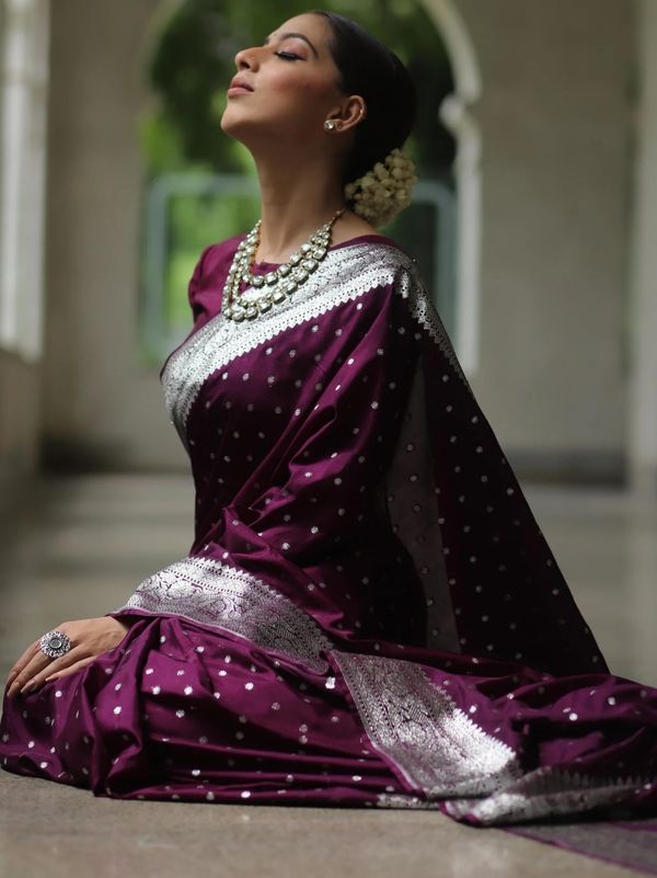 Elegant Wine Banarasi Saree with Silver Zari Border