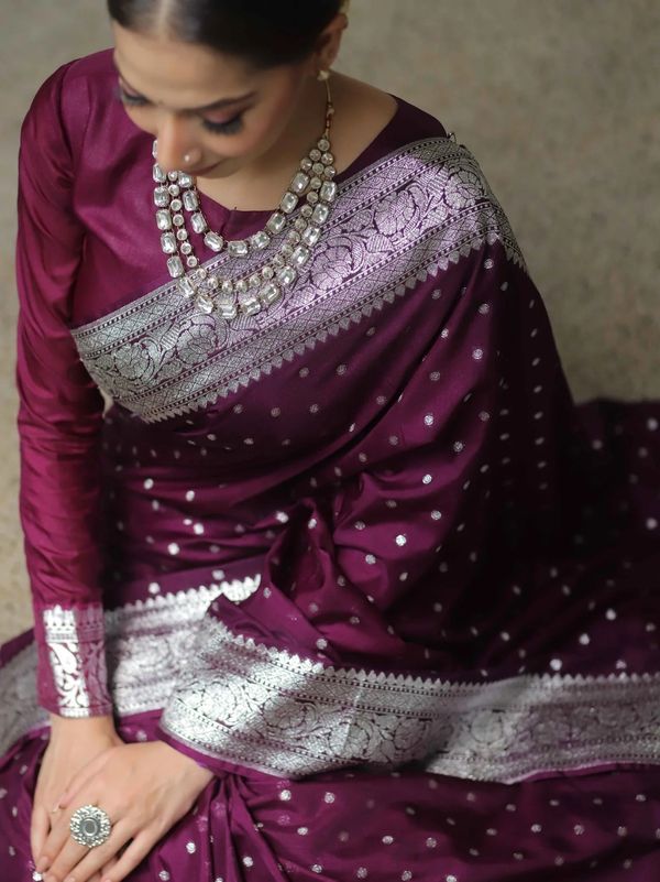 Elegant Wine Banarasi Saree with Silver Zari Border