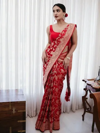 Red Banarasi Soft Silk Saree with Traditional Zari Work