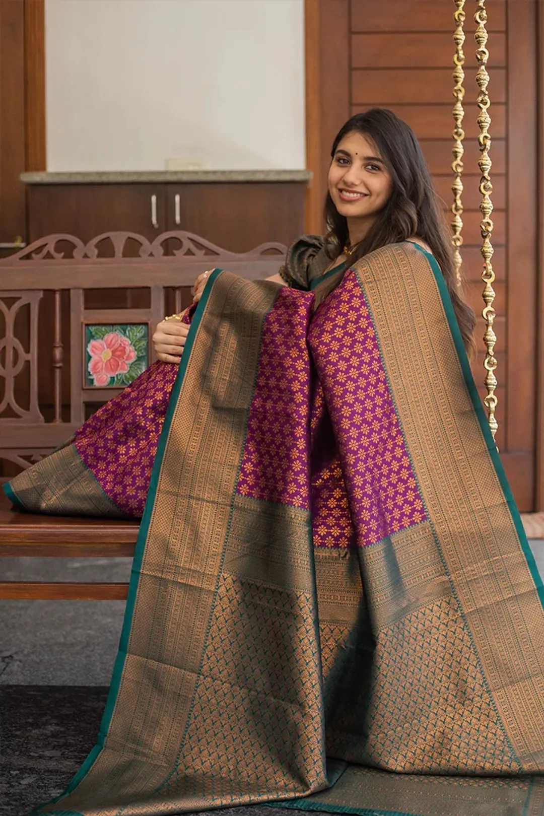 Traditional Purple Saree with Rich Green Border Design