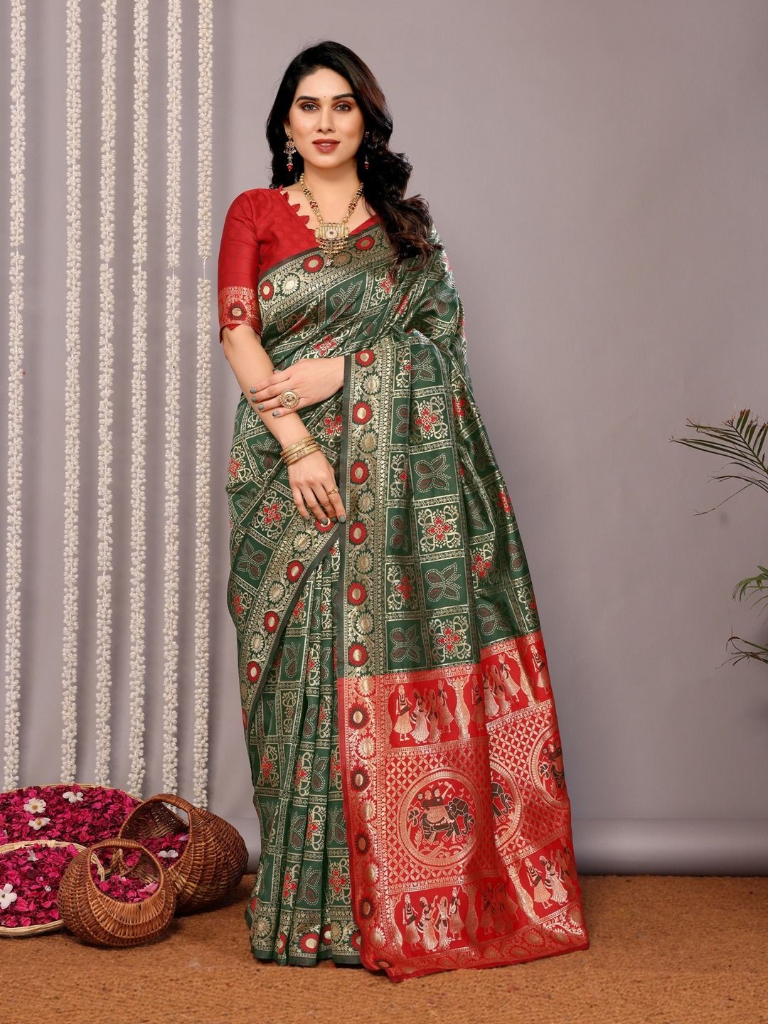 Wedding Wear Green Banarasi Saree with Red Highlights
