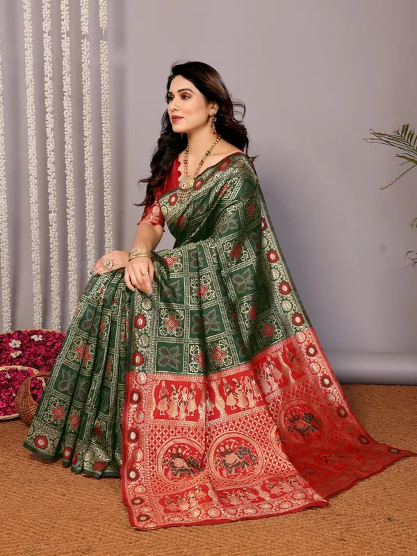 Wedding Wear Green Banarasi Saree with Red Highlights