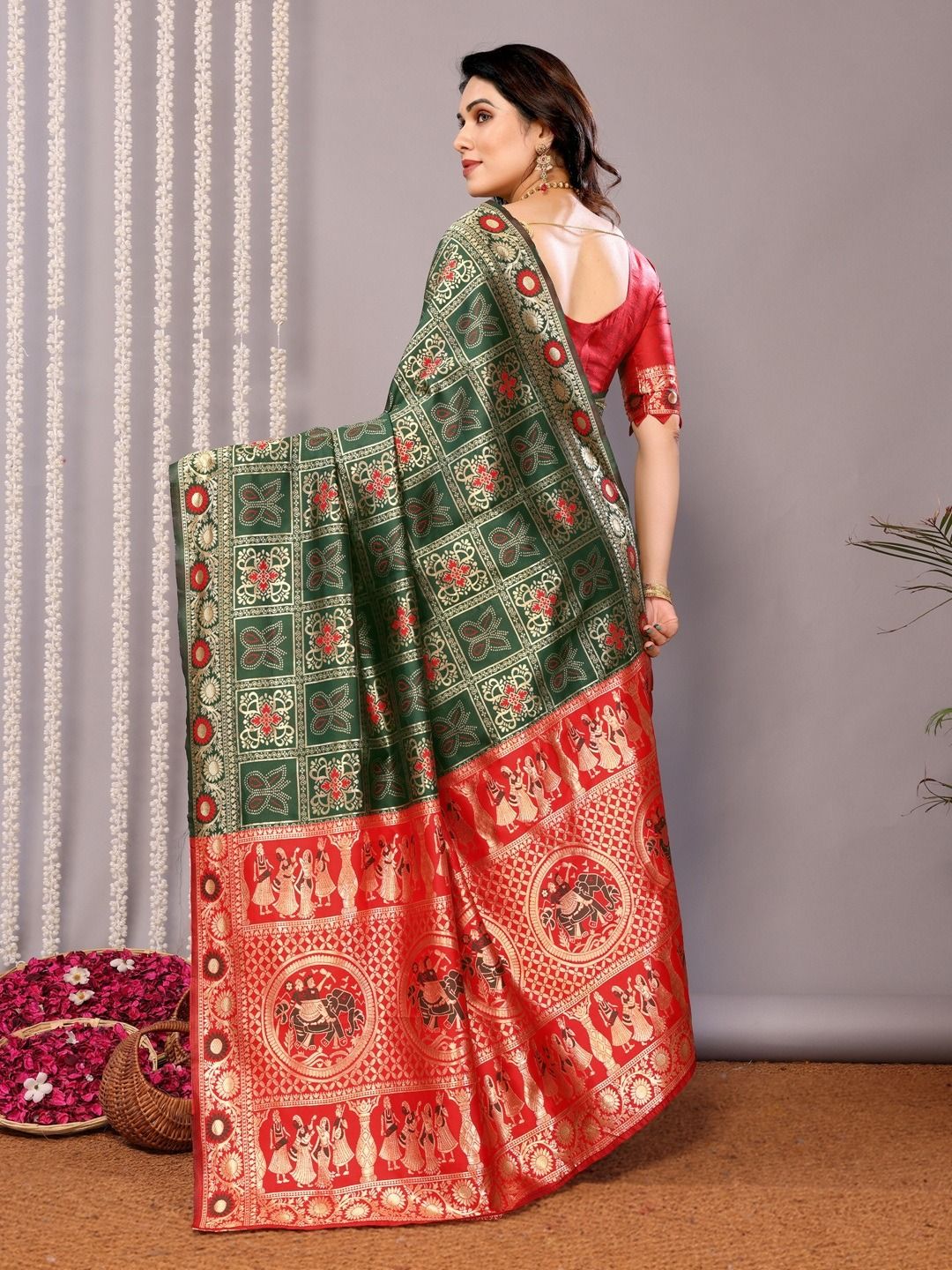 Wedding Wear Green Banarasi Saree with Red Highlights