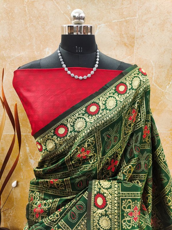 Wedding Wear Green Banarasi Saree with Red Highlights