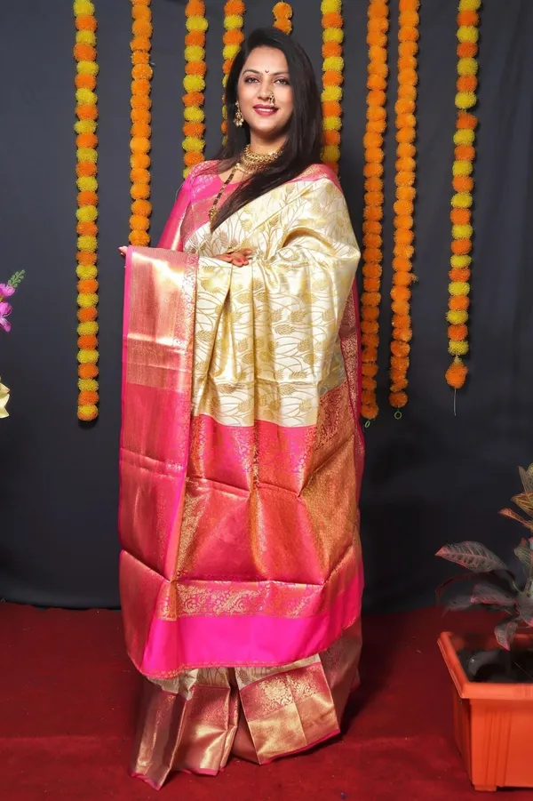 Royal Cream Silk Saree with Pink Zari Elegance Weave