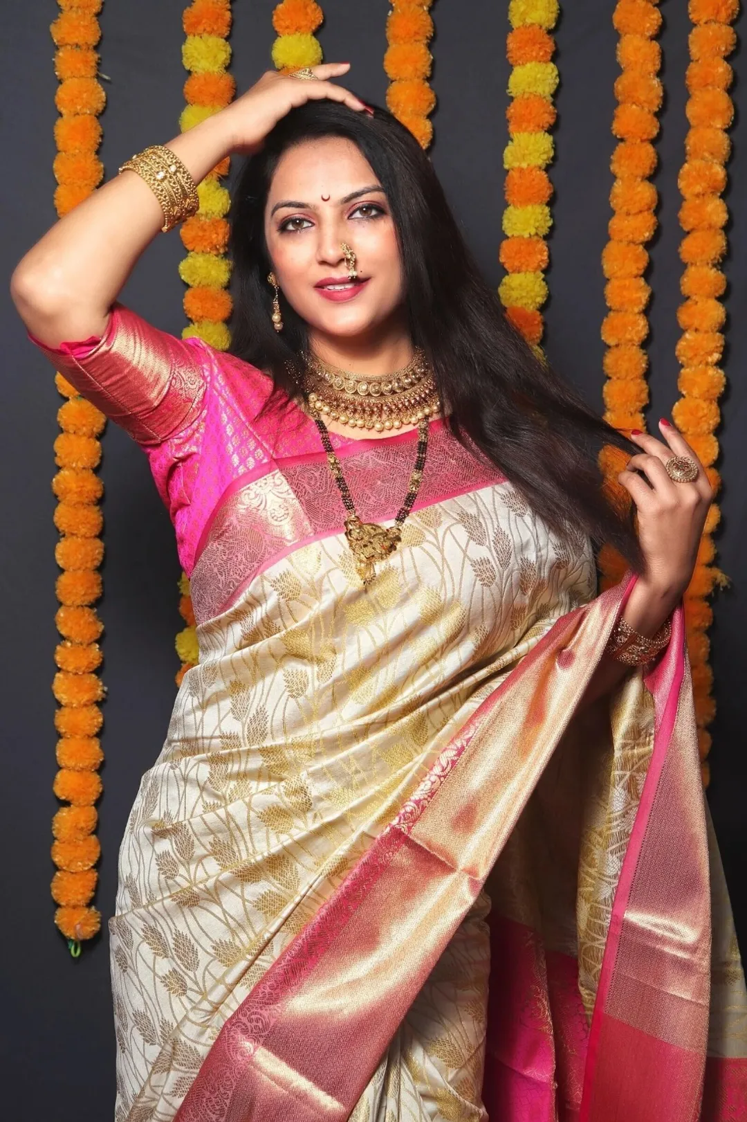 Royal Cream Silk Saree with Pink Zari Elegance Weave