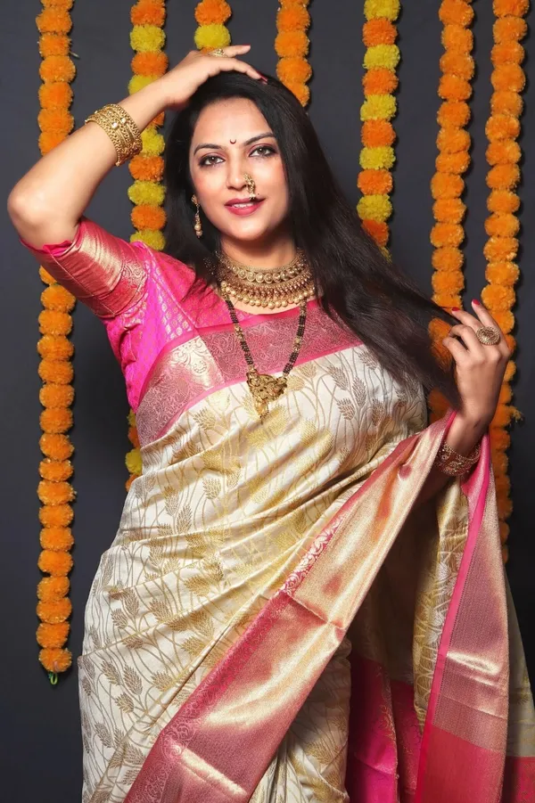 Royal Cream Silk Saree with Pink Zari Elegance Weave